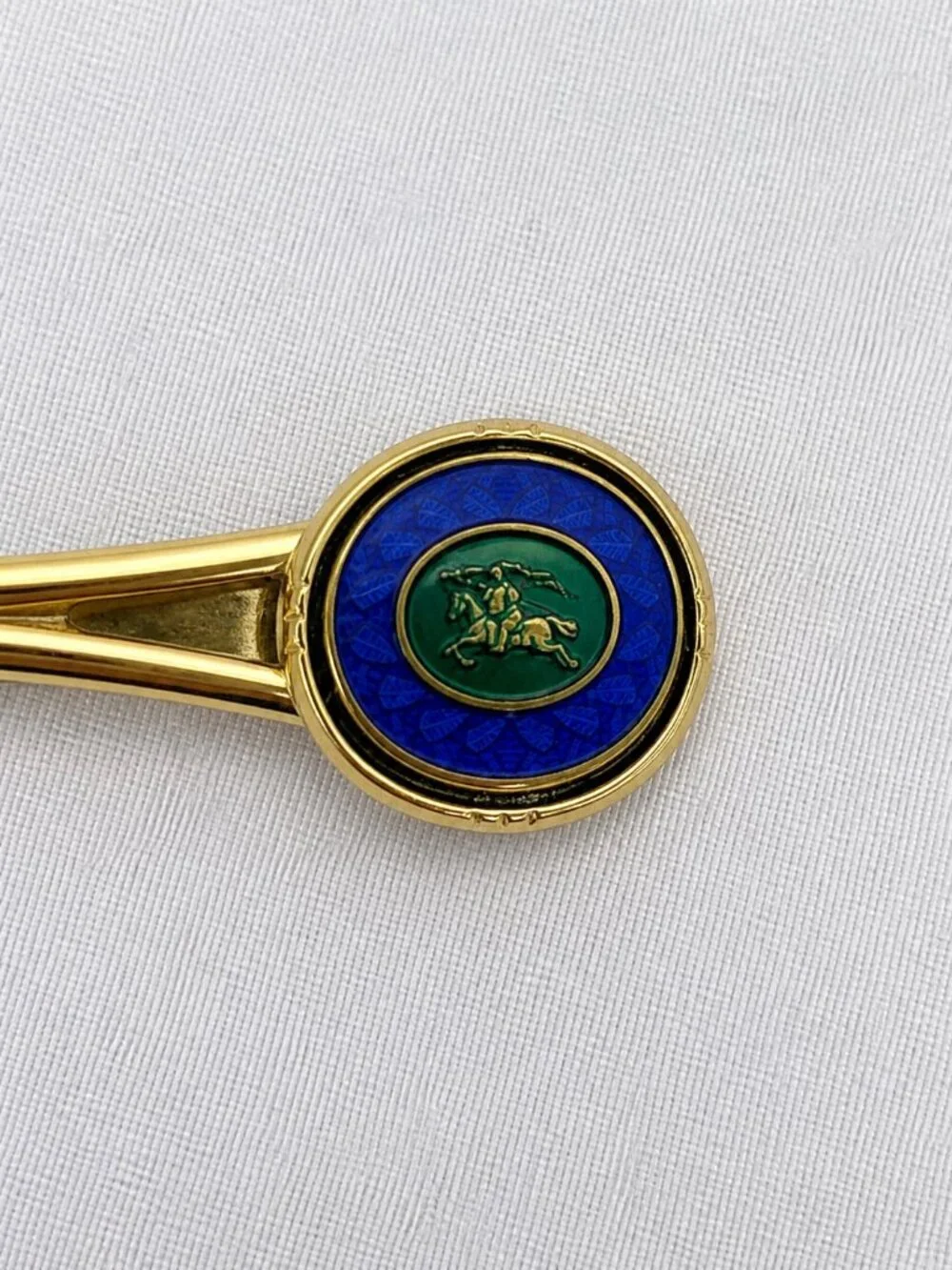 Burberrys Gold Tone Tie Bar Blue Enamel Equestrian Medallion